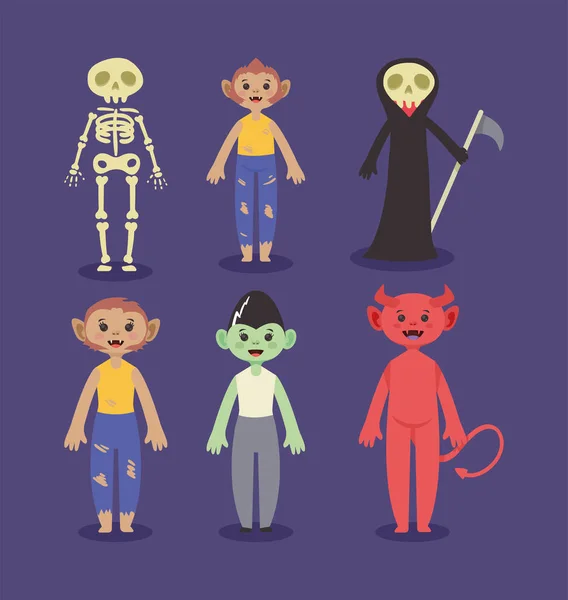 Pessoas Com Personagens Trajes Halloween —  Vetores de Stock