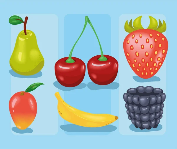 Six Fruits Frais Icônes Saines — Image vectorielle
