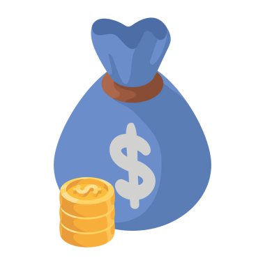 Bozuk paralar ve torba izometrik simgesi