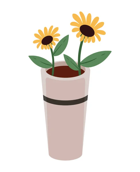 Pokojová Rostlina Slunečnicemi Květináči — Stockový vektor