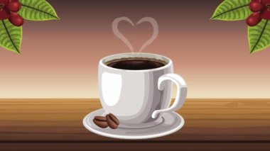 Kahve fincanı içeceği ve tahıllar, 4k video animasyonu.