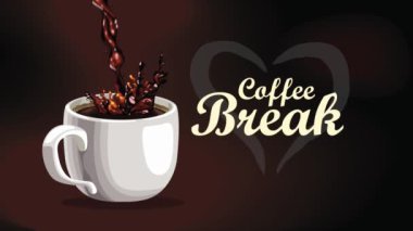 Kahve kırma harfleri bardak ve kalple, 4k video animasyonu