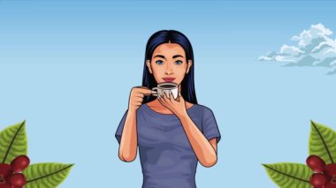 Kahve animasyonlu genç kız, 4k video animasyonu