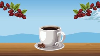 Kahve fincanı içeceği ve tahıllar, 4k video animasyonu.