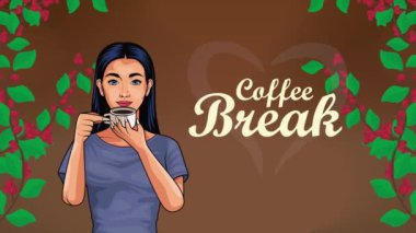 Kadın animasyonlu kahve molası, 4k video animasyonu