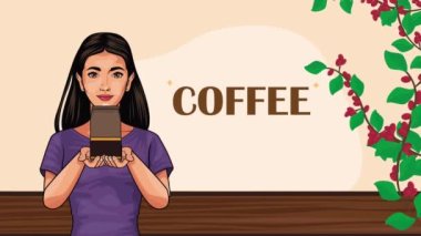 Kadın animasyonlu kahve harfleri, 4k video animasyonu.