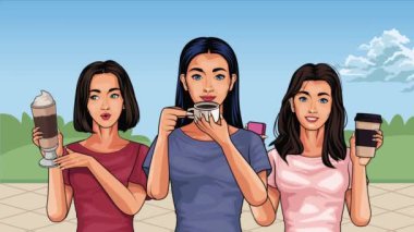 Kahve içen bir grup kız, 4K video animasyonu.