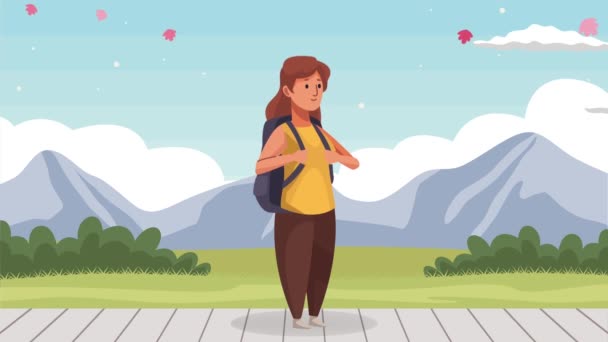 トラベルバッグキャラクターアニメーション4Kビデオアニメーションを持つ女性旅行者 — ストック動画