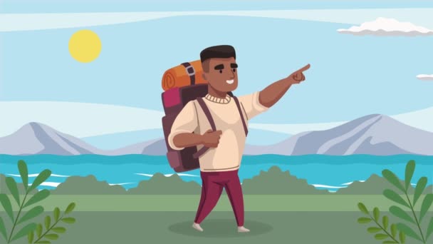 アフロ男性旅行者キャラクターアニメーション4K動画 — ストック動画