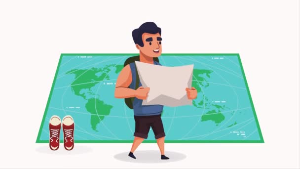 男性旅行者と紙の地図アニメーション 4Kビデオアニメーション — ストック動画