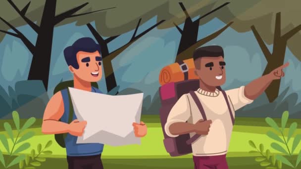 Viajeros Masculinos Animación Del Bosque Video Animado — Vídeos de Stock