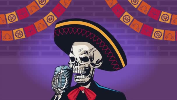 Dia Los Muertos Animação Com Crânio Cantando Vídeo Animado — Vídeo de Stock