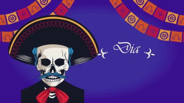 Dia Los Muertos Lettering Com Mariachi Crânio Vídeo Animado — Vídeo de Stock