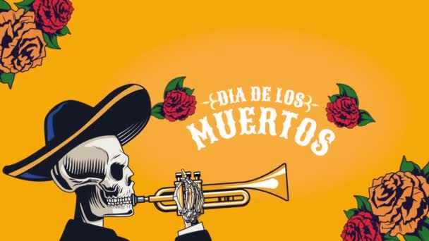 Día Los Muertos Letras Con Trompeta Cráneo Video Animado — Vídeo de stock