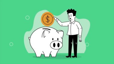 Piggy Tasarruf animasyonlu işadamı, 4k video animasyonu