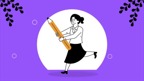 鉛筆キャラクターアニメーション4Kビデオアニメーションを持つビジネスマン女性 — ストック動画