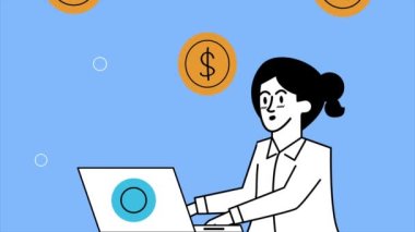 Dizüstü bilgisayar karakteri animasyonu kullanan işkadını, 4k video animasyonu