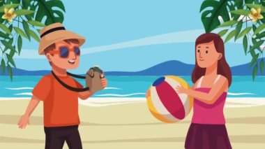 Gezgin turistler plajda çift, 4k video animasyonu