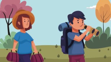Gezgin turistler manzara animasyonunda çift, 4k video animasyonu