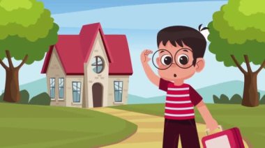 Gözlüklü küçük okul çocuğu animasyon, 4k video animasyonu
