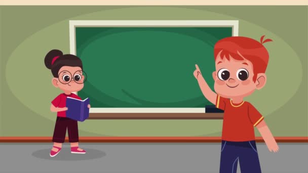Sınıf Animasyonunda Küçük Okul Çocukları Çifti Video Animasyonu — Stok video