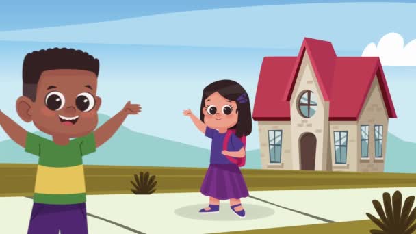 Küçük Okul Çocukları Çift Karakterli Animasyon Video Animasyonu — Stok video