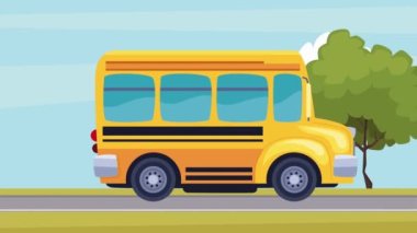 Okul otobüsü yol sahnesinde, 4k video animasyonu