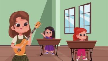 Gitar çalan kadın öğretmen, 4k video animasyonu