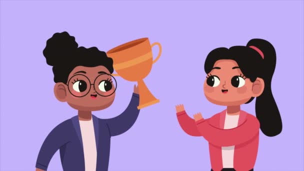 Mujeres Negocios Con Animación Personajes Trofeo Video Animado — Vídeos de Stock