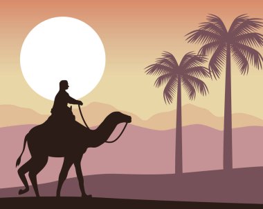 tourist in camel desert scene