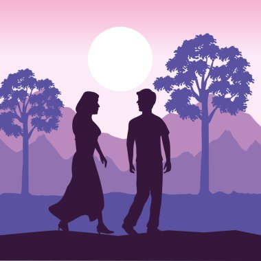 Mor manzara içinde çift silueti
