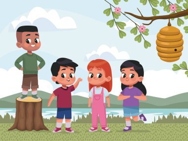 little kids and honeycomb scene clipart