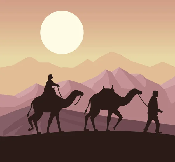 Resenärer Och Kameler Silhuetter Scen — Stock vektor