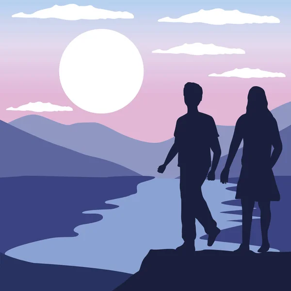 湖の風景の中を歩くカップルシルエット — ストックベクタ