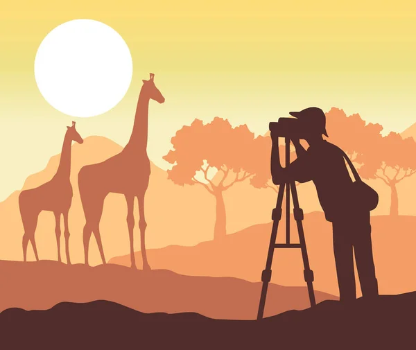 Tourist Taking Photo Silhouette Scene — Stock Vector