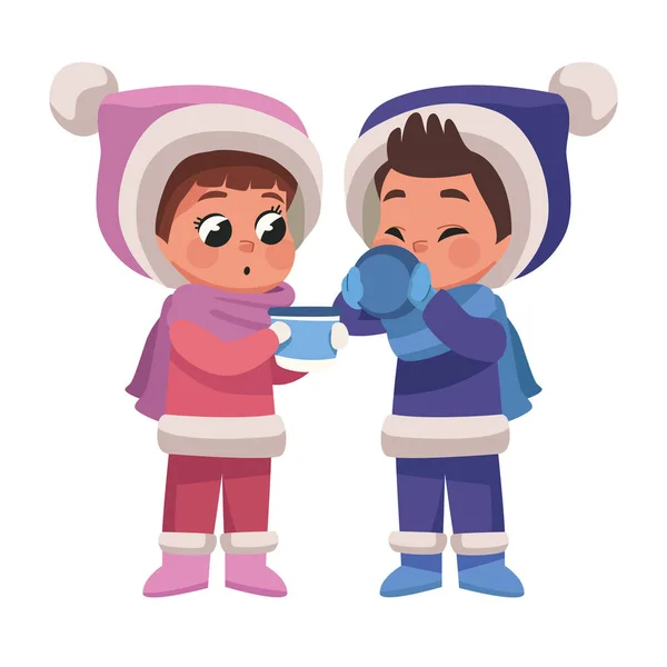 Couple Kids Wearing Winter Clothes Characters — Stock Vector