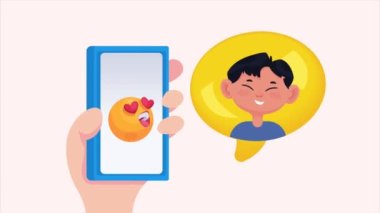 akıllı telefon emoji ve adam, 4k video animasyonu