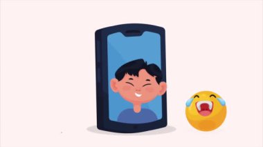 akıllı telefonlu emojili adam, 4k video animasyonu