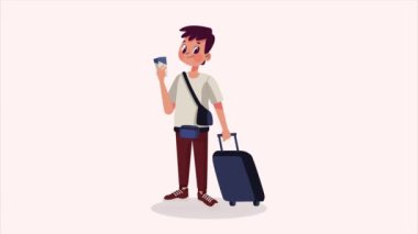 Bavul animasyonlu genç erkek turist, 4k video animasyonu