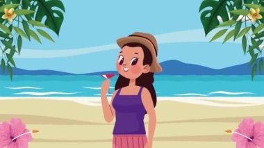 Kokteyl içen genç bayan turist, 4k video animasyonu