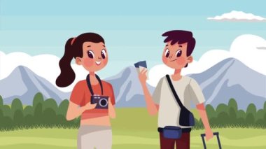 Saha animasyonunda genç turistler, 4k video animasyonu