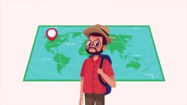Şapka animasyonlu genç erkek turist, 4k video animasyonu