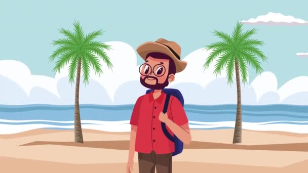 带帽子动画的年轻男性游客 4K视频动画 — 图库视频影像