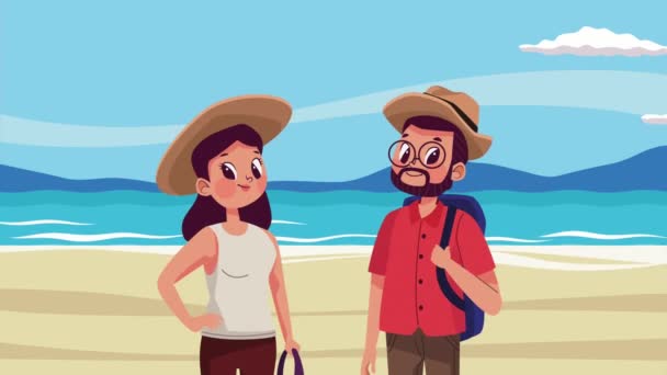 Unga Turister Par Stranden Animation Video Animerade — Stockvideo