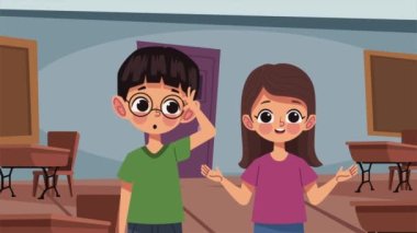 Küçük öğrenciler sınıf animasyonunda çift, 4k video animasyonu