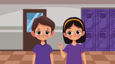 Küçük öğrenciler koridor animasyonunda çift oldular, 4k video animasyonu.