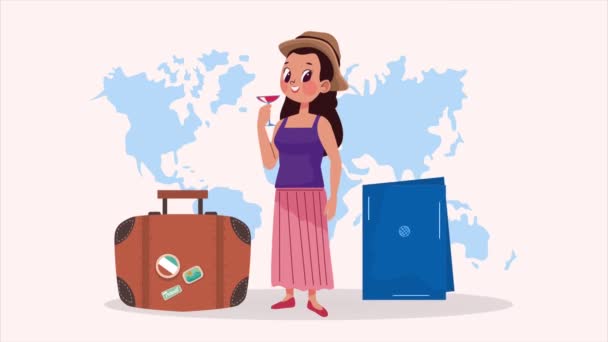 Ung Kvinnlig Turist Dricka Cocktail Animation Video Animerad — Stockvideo