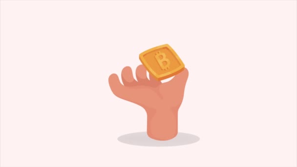 Mão Com Animação Criptomoeda Bitcoin Vídeo Animado — Vídeo de Stock