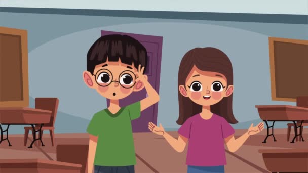 Niños Pequeños Estudiantes Pareja Animación Del Aula Video Animado — Vídeos de Stock