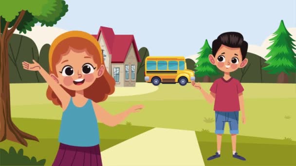 Poco Estudiantes Niños Pareja Con Escena Autobús Video Animado — Vídeos de Stock